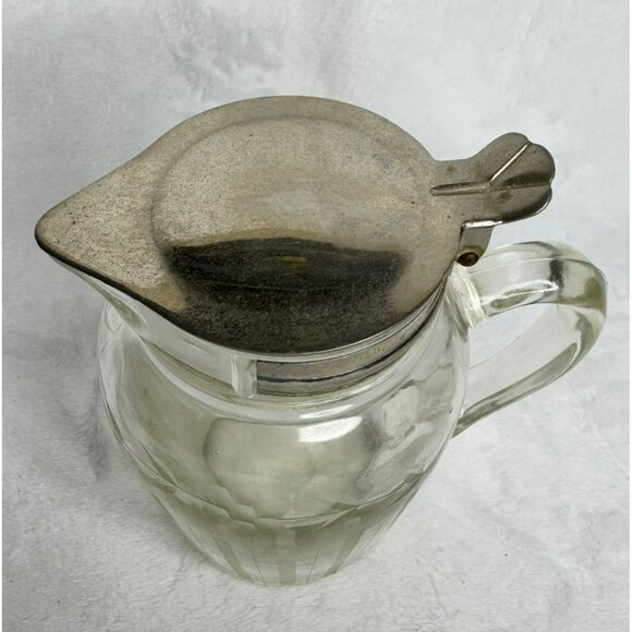 VTG Glass Syrup Pitcher With Metal Lid Etched Floral Design Marked E & JB 1916 - Picture 2 of 13